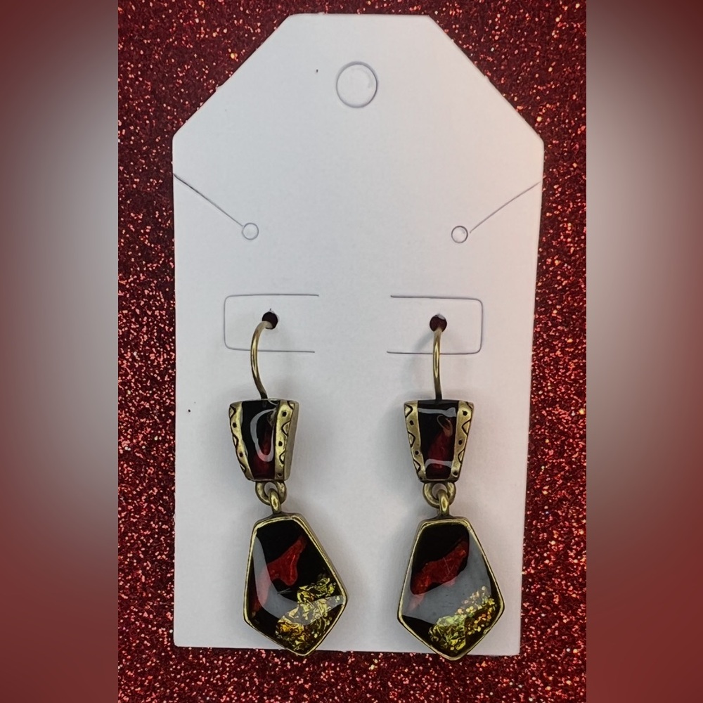 Chico’s Red Black Gold enamel Dark Gold Tone Dangle Earrings.